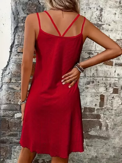 Özel Kumaş Drapeli Askılı Kırmızı Uzun Elbise 