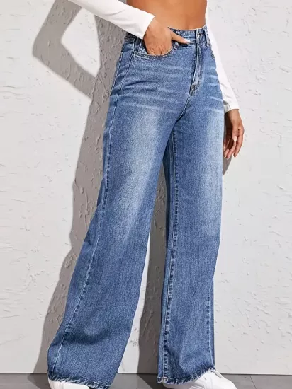 Düz Parça Yüksek Bel Bol Paça Mavi Kadın Jean Pantolon 