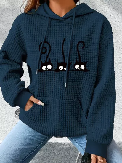 Karikatür Kedi Baskılı Kapşonlu Geniş Kesim Rahat Sonbahar ve İlkbahar İçin Uzun Kollu Üst Kadın Sweatshirt