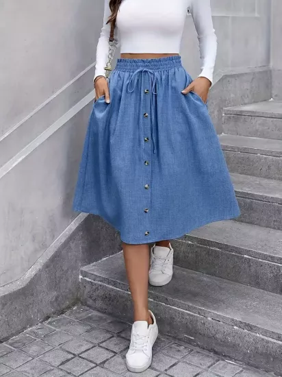 Bol Kesim Düz Renk Yırtmaçlı Mavi Kadın Kumaş Etek