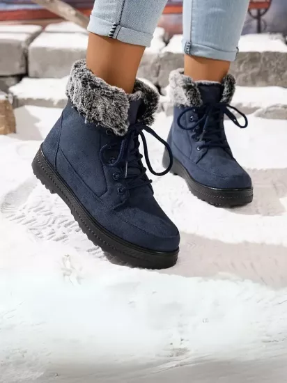 Peluş Kürk Astarlı Soğuk Havaya Dayanıklı Kaymaz Taban Mavi Kadın Kar Botu