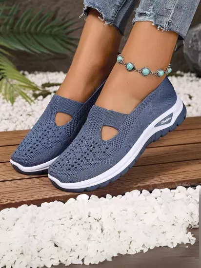 Örgü Desenli Topuksuz Düz Günlük Kullanım İçin Rahat ve Sade Mavi Kadın Sneaker