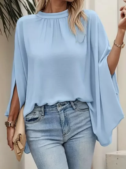 Standart Yaka Fularlı Kısa Kollu Mavi Kadın Bluz