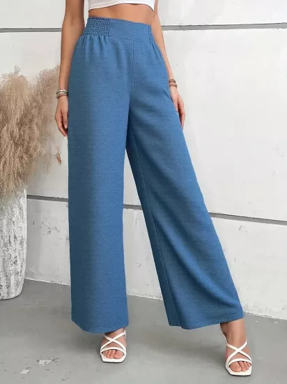 Yüksek Bel Esnek Kumaş Bol Kesim Mavi Kadın Pantolon