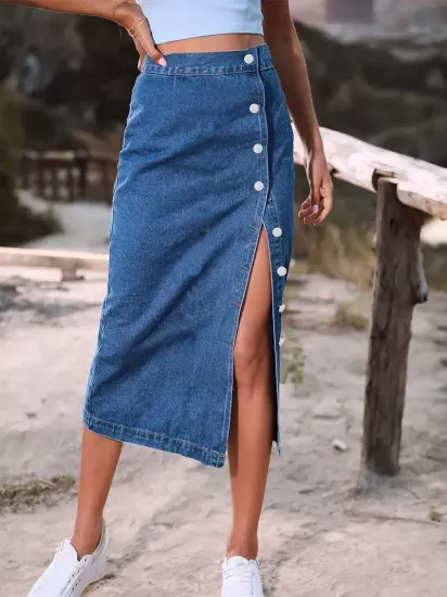 Klasik Düz Günlük Kullanım İçin Mavi Kadın Jean Etek