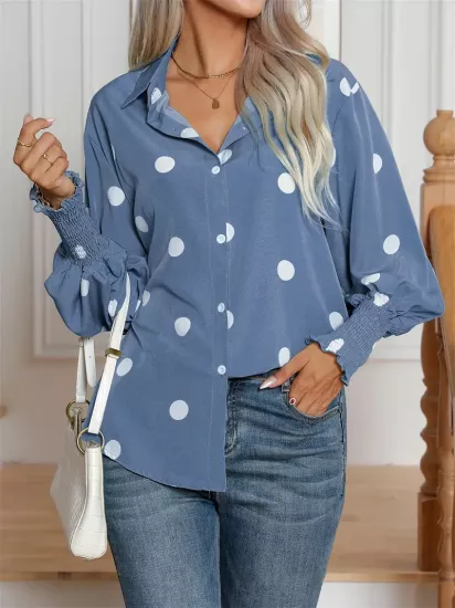 Kısa Kollu Nokta Desenli Mavi Kadın Gömlek