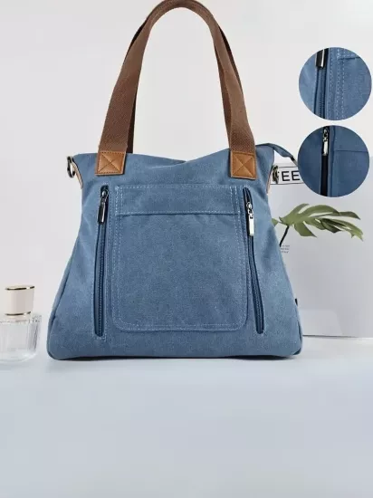 Hafif Düz Renk Büyük Kapasiteli Fermuar Kapatma Minimalist Tasarım Günlük Kullanım İçin İdeal Şık Kadın Kanvas Çanta