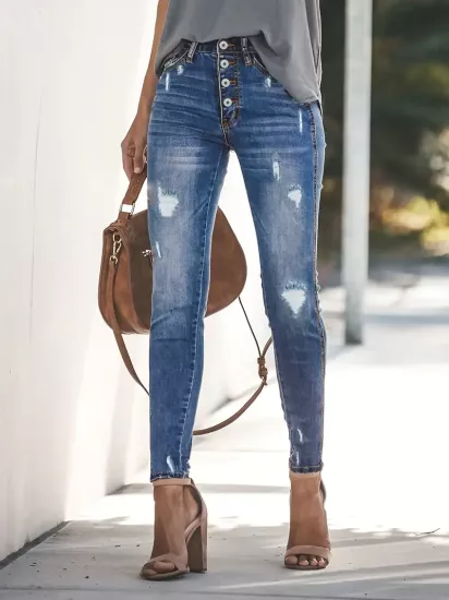Düz Parça Yüksek Bel Diz Yırtmaçlı Mavi Kadın Jean Pantolon 