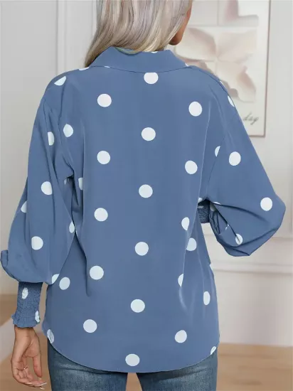 Kısa Kollu Nokta Desenli Mavi Kadın Gömlek