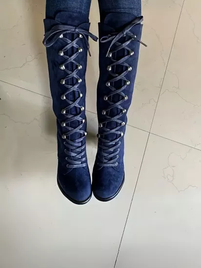 Bağcıklı Kalın Topuklu Yuvarlak Burun Blok Taban Şık Mavi Kadın Çizme