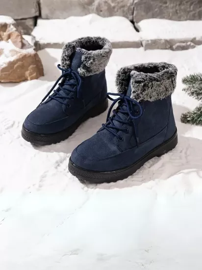 Peluş Kürk Astarlı Soğuk Havaya Dayanıklı Kaymaz Taban Mavi Kadın Kar Botu
