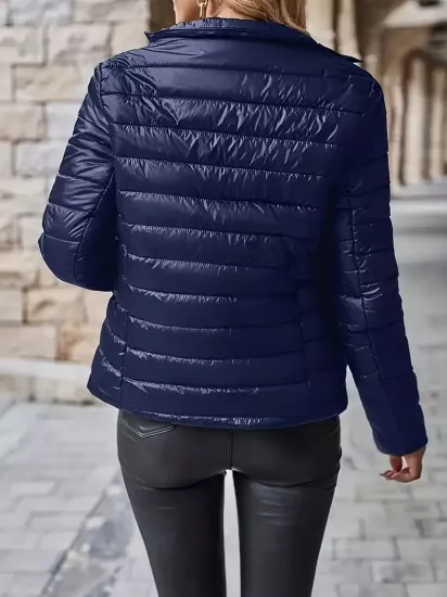 Dik Yaka Kışlık Çift Cepli Mavi Kadın Şişme Mont
