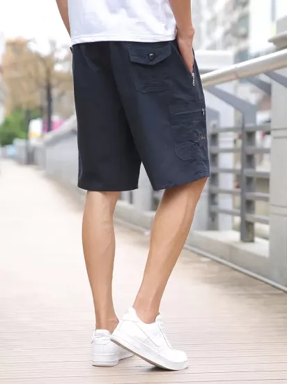 Hafif Pamuk Düz Renk Fermuarlı Cepli Ayarlanabilir Bel, Rahat Yazlık Kıyafet Erkek Şort