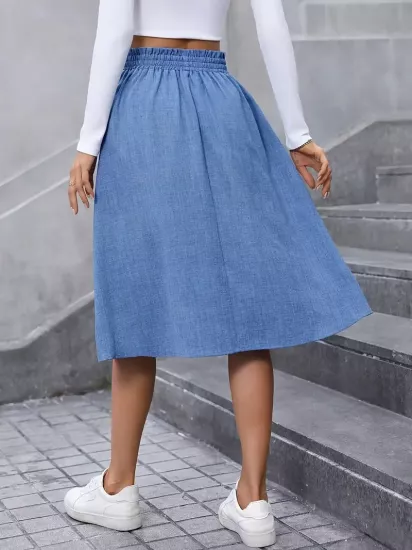 Bol Kesim Düz Renk Yırtmaçlı Mavi Kadın Kumaş Etek