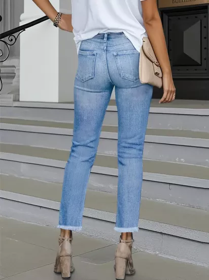 Düz Parça Yüksek Bel Mavi Kadın Jean Pantolon 