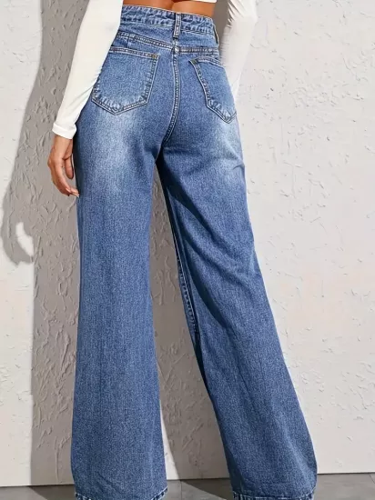 Düz Parça Yüksek Bel Bol Paça Mavi Kadın Jean Pantolon 