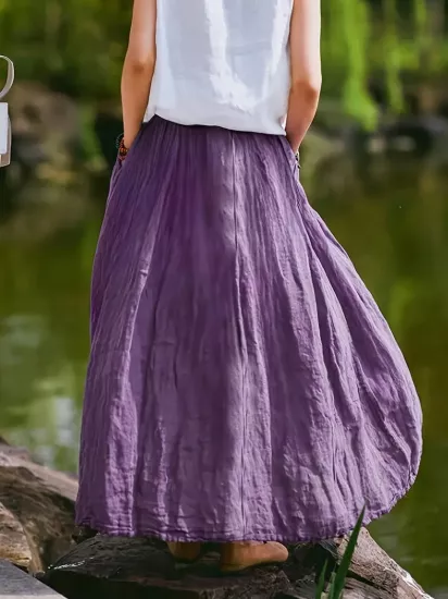Bol Kesim Düz Renk Yırtmaçlı Mor Kadın Kumaş Etek