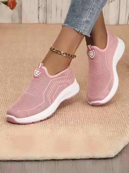 Örgü Kumaş, Rahat Günlük Giyim Bağcıksız Pembe Kadın Ayakkabı
