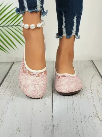 Çiçek Dantelli Kaymaz Taban Günlük Şık Pembe Kadın Babet