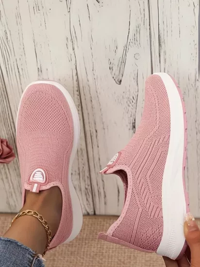 Örgü Kumaş, Rahat Günlük Giyim Bağcıksız Pembe Kadın Ayakkabı