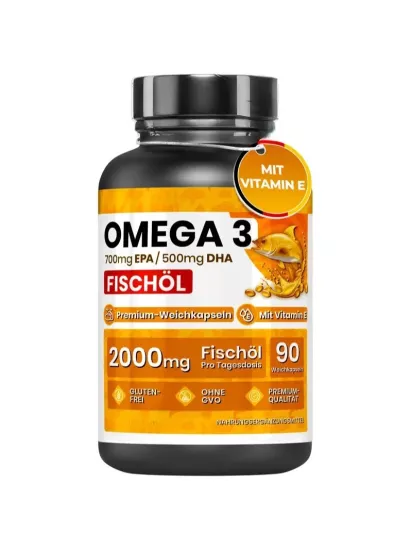 2000mg Omega-3 Balık Yağı Yüksek Potansiyelli E Vitamini ile Tadımsız – 700mg EPA & 500mg DHA İçeren Saf Omega-3 Takviyesi, Kalp, Beyin ve Görme Sağlığı İçin