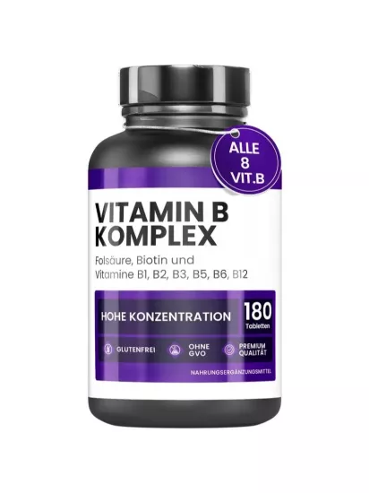 Yüksek Dozda B Vitamini Kompleksi Günde 1 , 180 B Grubu Biotin, Tiamin B1, Riboflavin B2, Niasin, Pantotenik Asit, B6, Folik Asit B12