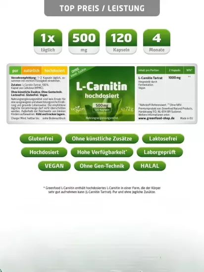 Yüksek Doygunlukta, 500 Mg - 120 Kap, Vegan. Saf L-Karnitin Doğal Fermentasyon ile Üretilmiş. Yapay Eklentiler Olmadan, Laboratuvarda Test Edilmiştir