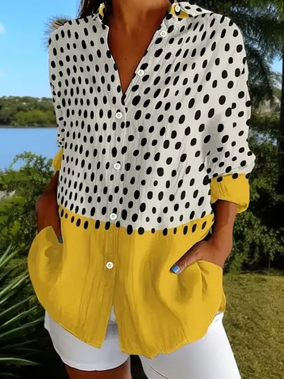 Kısa Kollu Nokta Desenli Sarı Kadın Gömlek