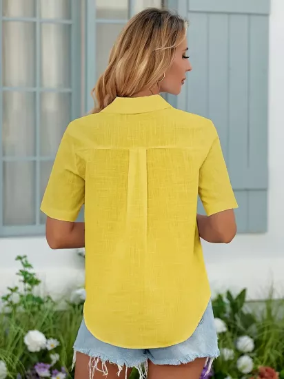 Kısa Kollu Düz Günlük Kullanım İçin Sarı Kadın Gömlek