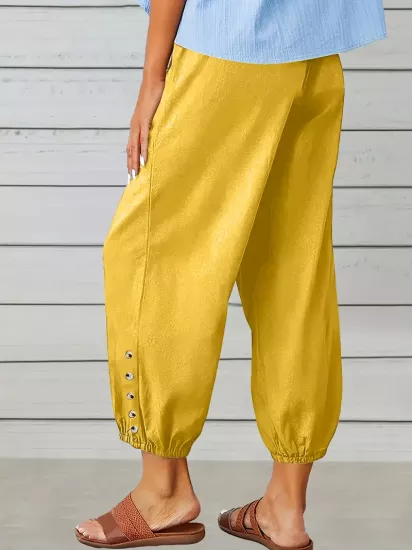 Yüksek Bel Esnek Kumaş Bol Kesim Sarı Kadın Pantolon