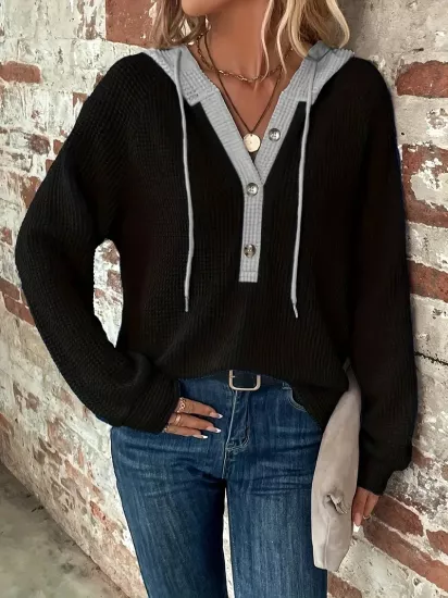 Blok Düğmeli Önü İpli Kapşonlu Günlük Kullanım İçin Uzun Kollu Kadın Sweatshirt