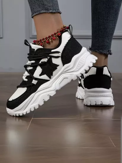 Retro Yıldız Desneli Bağcıklı Kaymaz Taban Hafif Her Mevsim Siyah Kadın Sneaker Ayakkabı