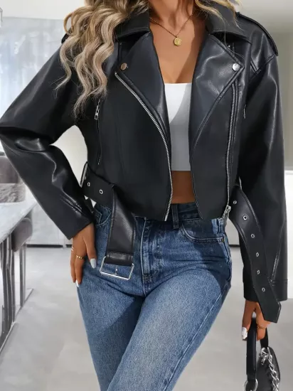 Hakiki Deri Düğmesiz Siyah Kadın Ceket