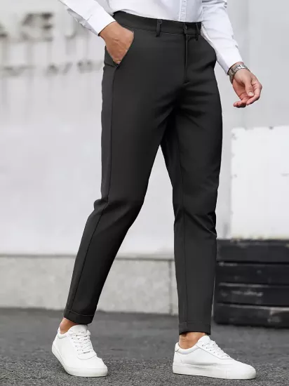 Dar Kesim Günlük Pantolon, Eğik Cepli, Kırışmaz Kumaş Düz Renk Her Mevsime Uygun, Minimalist Erkek Pantolon