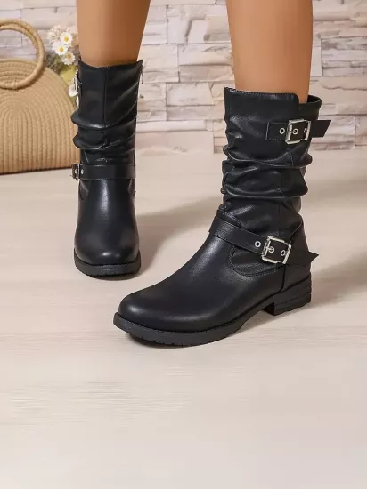 Çift Kemerli İçten Fermuarlı Hakiki Deri Şık Siyah Kadın Bot