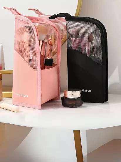 Geniş Kapasiteli Çok Bölmeli ve File Cebi Olan Dayanıklı Polyester Mevsimlik Tasarım Şık Makyaj Çantası