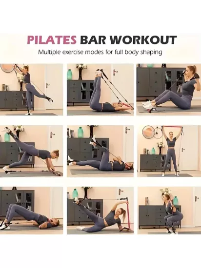 14 adet Dirençli Gerilim Kemeri ile Pilates Çubuğu Çok Fonksiyonlu Fitness Pedalı Çekici, Yoga için Antrenman Ekipmanı