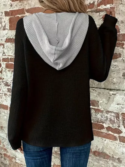 Blok Düğmeli Önü İpli Kapşonlu Günlük Kullanım İçin Uzun Kollu Kadın Sweatshirt