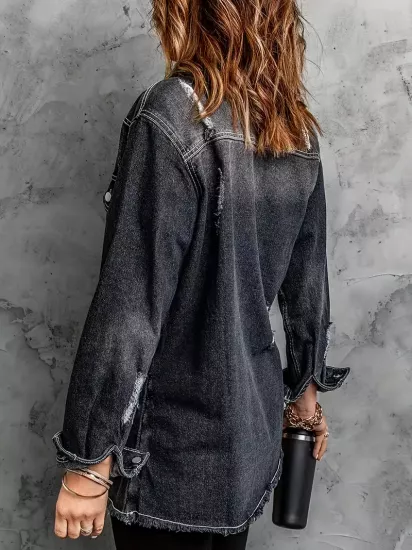 Klasik Şehirli Tarzda Yırtmaçlı Siyah Kadın Uzun Jean Ceket