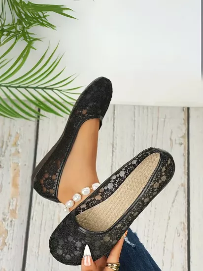 Çiçek Dantelli Kaymaz Taban Günlük Şık Siyah Kadın Babet