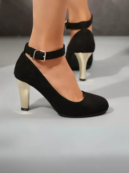 Yuvarlak Burun Yüksek Topuklu Kumaş Siyah Kadın Ayakkabı