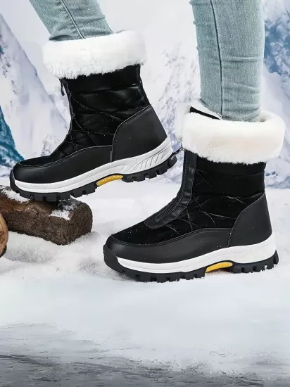 Peluş Kaplı Ön Fermuarlı Yüksek Taban Rahat ve Şık Siyah Kadın Kar Botu