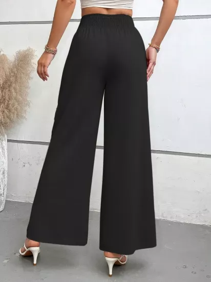 Yüksek Bel Esnek Kumaş Bol Kesim Siyah Kadın Pantolon