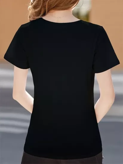 V Yaka Dokuma Slim Fit Siyah T-Shirt