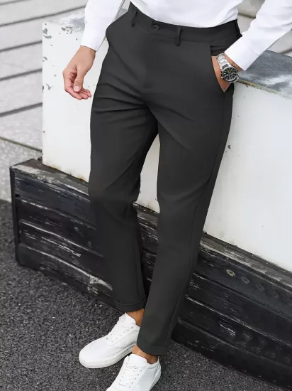 Dar Kesim Günlük Pantolon, Eğik Cepli, Kırışmaz Kumaş Düz Renk Her Mevsime Uygun, Minimalist Erkek Pantolon