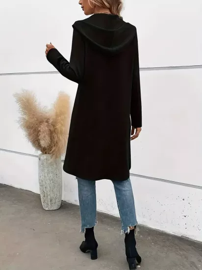Klasik Yaka Kemer Detaylı Fermuarlı Uzun Siyah Kadın Trençkot