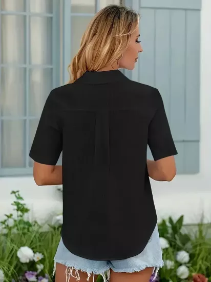 Kısa Kollu Düz Günlük Kullanım İçin Siyah Kadın Gömlek