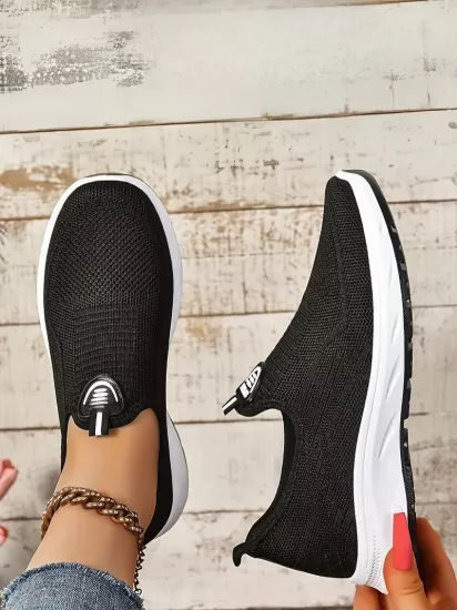 Örgü Kumaş, Rahat Günlük Giyim Bağcıksız Siyah Kadın Ayakkabı