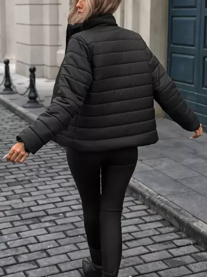 Dik Yaka Kışlık Çift Cepli Siyah Kadın Şişme Mont