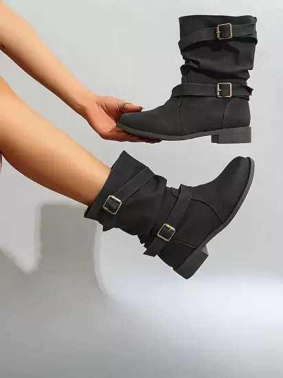 Çift Kemerli Hakiki Deri Şık Siyah Kadın Bot